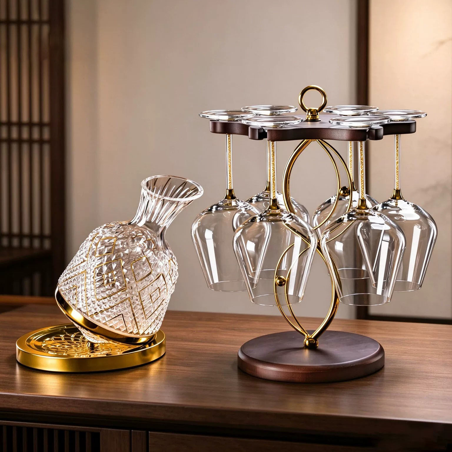 德国高端水晶红酒杯套装高级感实木杯架描金醒酒器高脚杯酒具摆件
