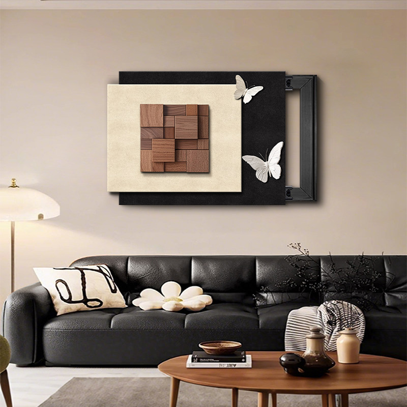 德国现代简约立体蝴蝶砂岩画客厅电箱遮挡装饰画胡桃木高级感挂画