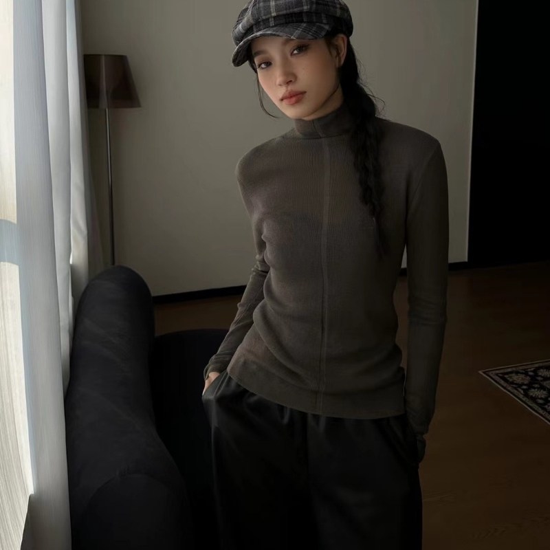 ELSISSI纯色高领修身针织打底衫女新款秋冬长袖灰色黑色杏色内搭