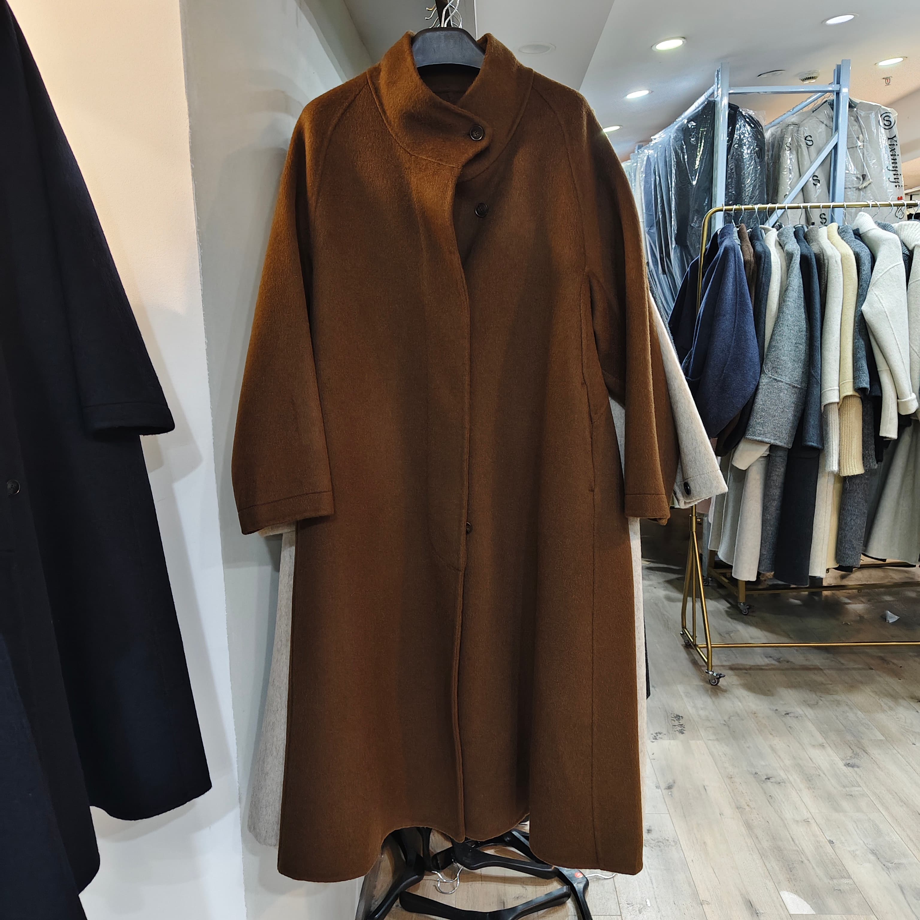 纯色立领单排扣双面羊毛大衣女