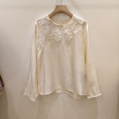 宽松百搭国风衬衫 早春设计感提花盘扣圆领长袖 人丝上衣女2026新款