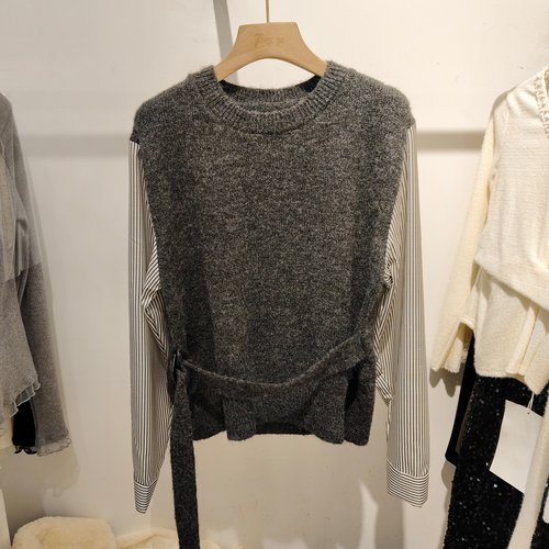 假两件拼接衬衫袖圆领针织衫女