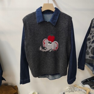 新款 两件套女2025冬季 减龄卡通小象针织马甲叠穿翻领牛仔衬衫 时尚