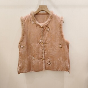 重工刺绣蝴蝶盘扣人丝亚麻夹棉马甲女拼接水貂毛上衣2025冬季新品