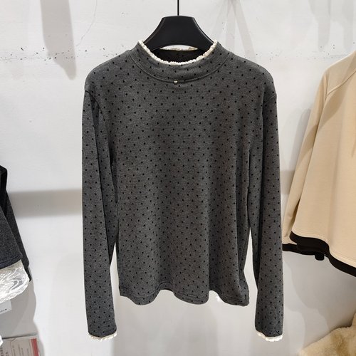 花边拼接半高领波点长袖T恤女