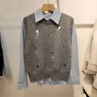 洋气亮片针织马甲叠穿气质长袖翻领衬衫女2025冬季新款时尚两件套