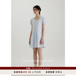 NICEPEOPLE STUDIO 2024SS春新U领蕾丝拼接泡泡袖打褶连衣裙女