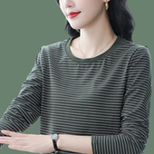 内搭纯棉打底衫 t恤女中年妈妈秋装 上衣 宽松条纹显瘦长袖 胖mm大码