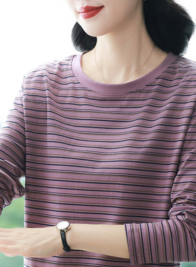 韩版百搭全棉条纹长袖T恤女士2024春秋新款中年妈妈宽松休闲上衣