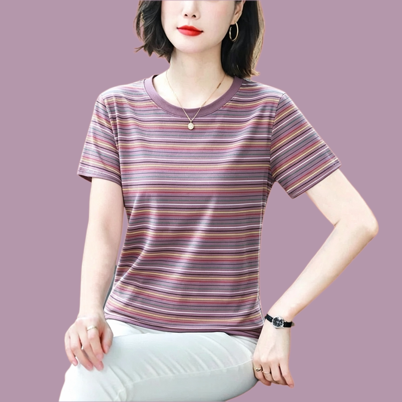 妈妈夏装纯棉短袖t恤女 宽松2026新款大码条纹体恤中老年洋气上衣图片