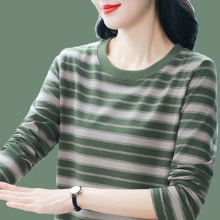 棉质大码宽松长袖t恤女打底衫春秋2026新款中年妈妈洋气条纹上衣