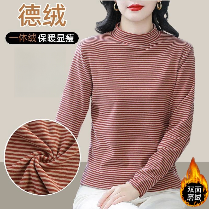 正肩显瘦条纹德绒磨毛打底衫女内搭秋冬复古加绒宽松长袖t恤上衣