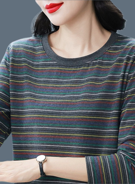 纯棉长袖t恤女2026春秋装大码休闲上衣中老年妈妈条纹秋衣打底衫