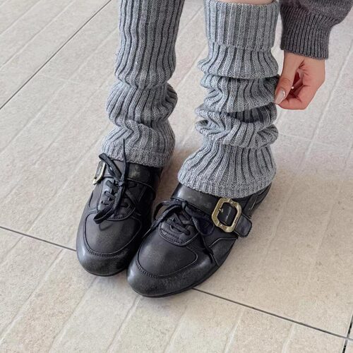 KIKIBEST复古羊皮英伦风双鞋带德训鞋女皮带扣圆头休闲黑色小皮鞋