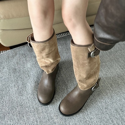 KIKIBEST褶皱堆堆中长筒靴女2025新款增高复古金属搭扣拼接骑士靴