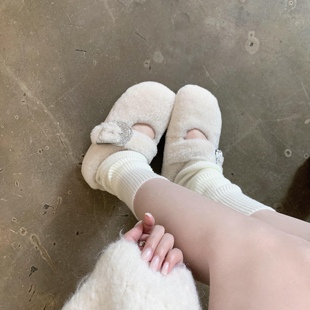 KIKIBEST白色羊羔毛包头毛毛拖鞋女新款外穿保暖勃肯一脚蹬棉拖