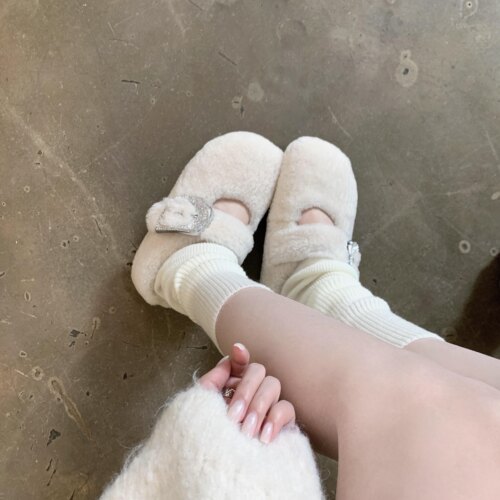 KIKIBEST白色羊羔毛包头毛毛拖鞋女新款外穿保暖勃肯一脚蹬棉拖