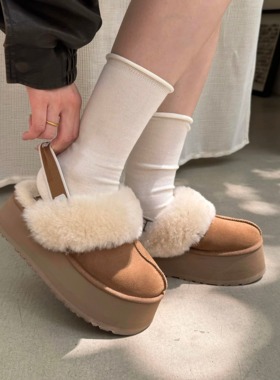 KIKIBEST新款秋冬厚底包头雪地靴女加绒保暖舒适休闲增高毛毛鞋