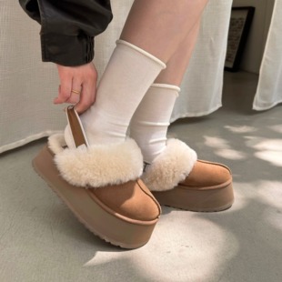 KIKIBEST新款秋冬厚底包头雪地靴女加绒保暖舒适休闲增高毛毛鞋