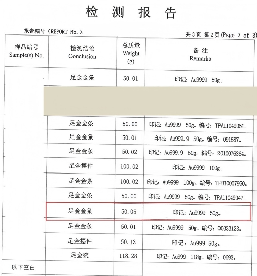 13号标的：足金金条1件（重约50g）