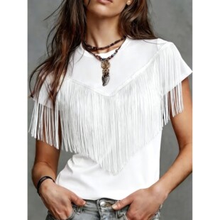 圆领休闲流苏T恤女 Round neck casual fringe T-shirt for women