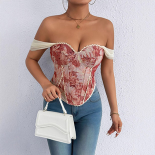 印花一字肩束腰胸衣鱼骨美背上衣女 Printed one shoulder corset