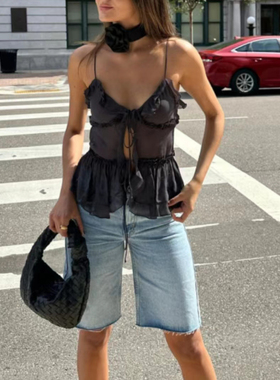 Semitransparent layered ruffle edge strap 半透明荷叶边吊带女