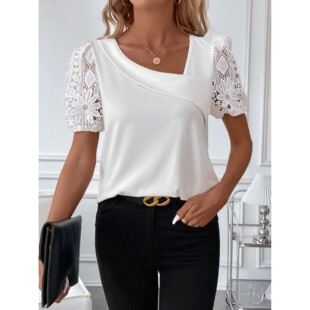 纯色斜领蕾丝休闲T恤 Solid color diagonal collar lace T-shirt