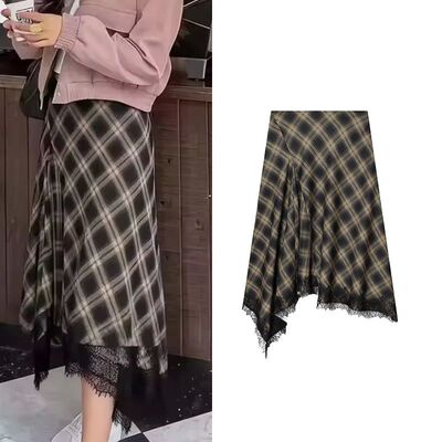 欧美风不对称蕾丝边百褶半身裙