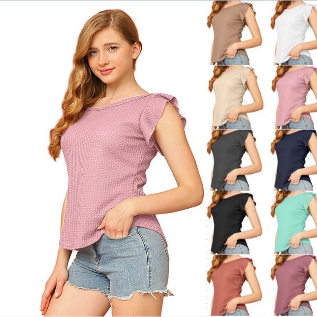 Solid color round neck T-shirt for women 纯色圆领宽松女士T恤