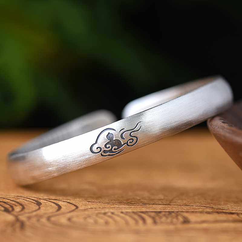 高档罗泰老银匠999纯银莲花心经手镯男女年轻款复古国风足银镯子