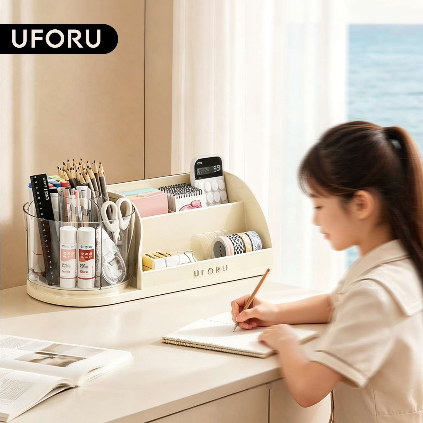 uforu旋转分格大容量文具收纳盒图片