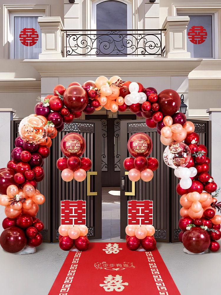 结婚气球拱门农村室外门口布置场景网红婚庆拱门立柱酒店大门装饰