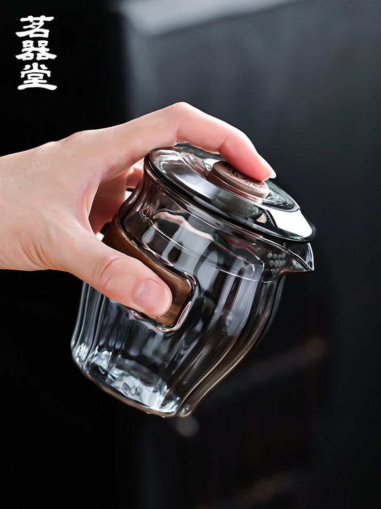 茗器堂绿茶泡茶碗玻璃盖碗单个不烫手高端泡茶杯防烫功夫茶具配件