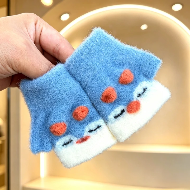 宝宝冬季加绒保暖防抓脸露指手套