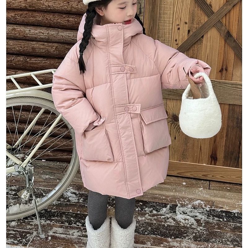 中大童女童2025新款中长款韩版棉服糖果色洋气加厚外套