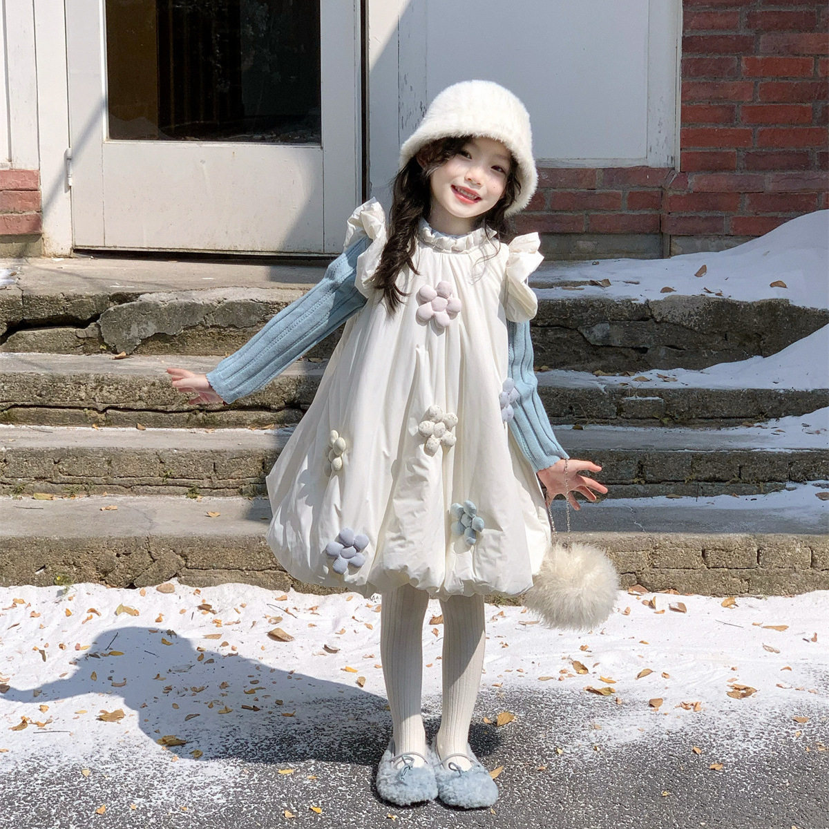 2025冬季新款 女童洋气花边花朵夹棉背心裙+毛线针织打底衫两件套,童装/婴儿装/亲子装,儿童运动套装,淘宝优惠券,粉丝福利购,淘宝优惠卷