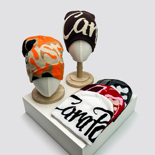 秋冬新款 街头字母撞色针织帽子男女嘻哈保暖小众滑板套头帽 美式