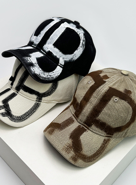 春夏新款撞色喷绘涂鸦BB字母棒球帽子男女复古做旧遮阳水洗鸭舌帽