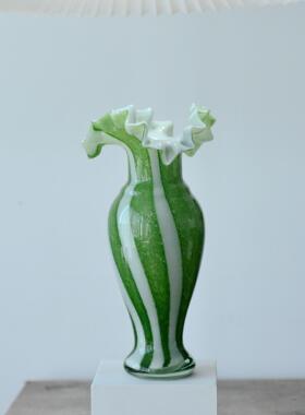 手工制作琉璃花瓶中古风苔绿奶油白六条纹芬顿美人瓶插花玻璃花器