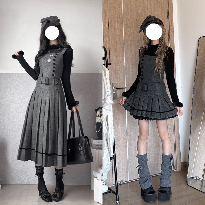 优雅日常肩带可调背心工字褶裙图片