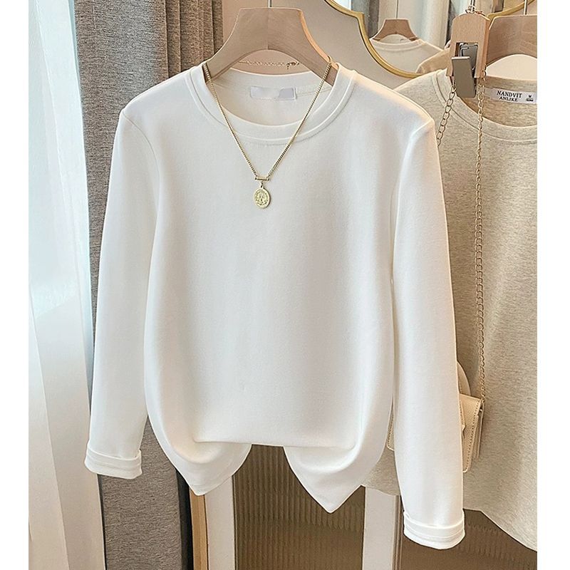重磅磨毛加厚新款白色百搭长袖T恤女正肩欧货圆领上衣简约打底衫