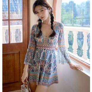 泳装 情侣泳衣度假风显瘦遮肚连体保守平角泡温泉带袖 防晒女士大码