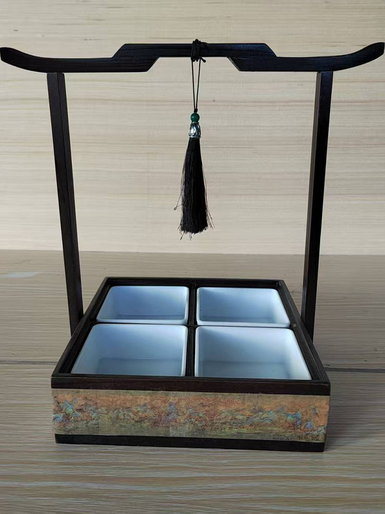 新中式木制干果盘托盘客厅提梁点心盘大提篮结婚创意收纳盒四宫格