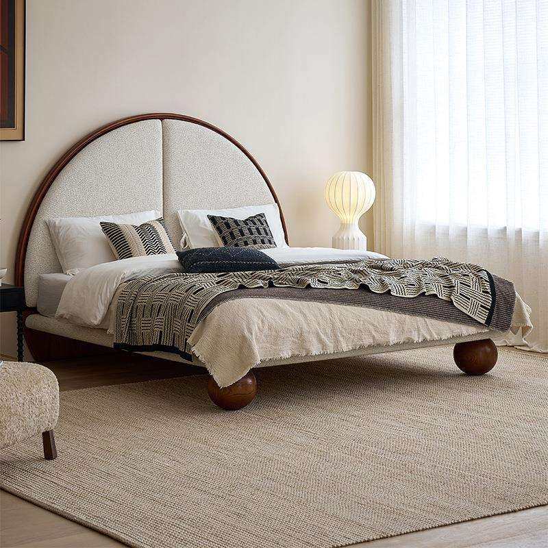 圆满实木布艺双人床1.8米齐边床中古风小户型卧室儿童圆床法式