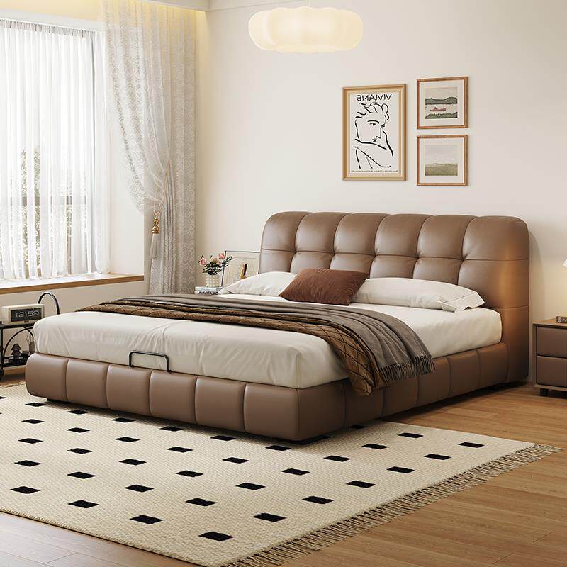 轻奢真皮床主卧1.5米1.8米双人床黑色泡芙收纳床储物皮艺床软包床