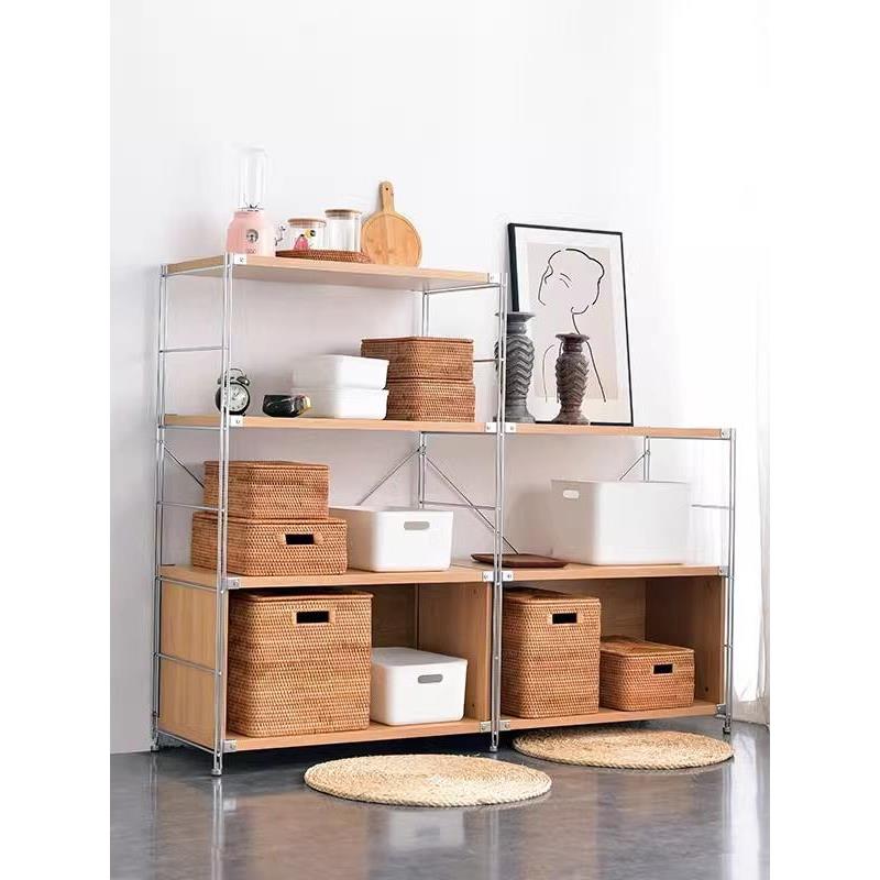 原木风厨房多功能置物架可移动小家电收纳架微波炉烤箱落地置物架