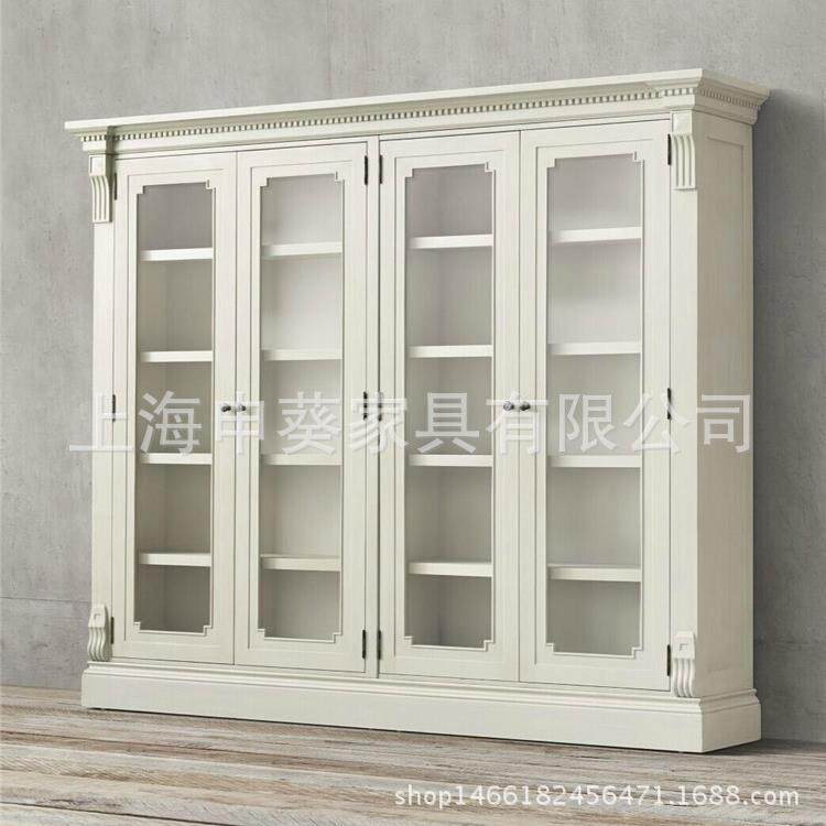 美式实木书柜大书橱带门仿古镂空餐边柜复古展示柜雕花储物样板房