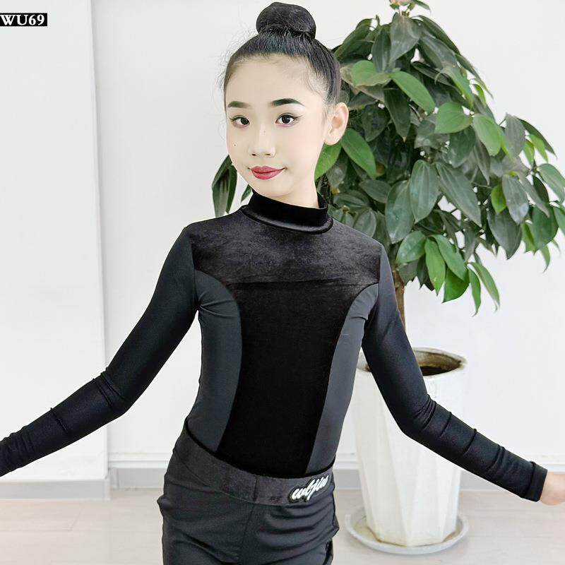 秋冬专业拉丁舞练功服女童新款少儿舞蹈演出训练服丝绒喇叭裤套装