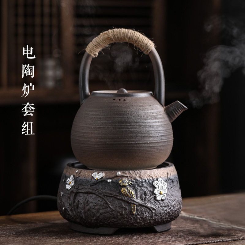 古早烧电陶炉 家用煮茶炉烧水炉粗陶耐高温办公提梁壶煮茶器套装